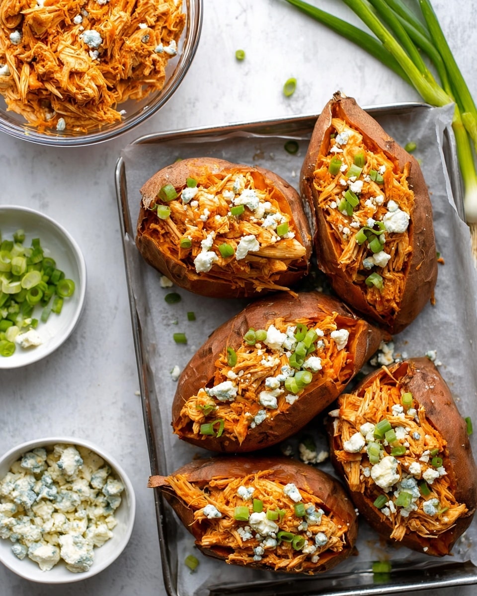 Four baked sweet potatoes with brown skins are cut open and filled with shredded orange chicken. On top of the chicken, there are crumbled white cheese pieces and chopped green onions scattered evenly. The potatoes sit closely on a metal tray lined with white paper, placed on a white marbled surface. To the left, there is a clear glass bowl with more shredded chicken, and below it, a small white bowl holds more crumbled cheese. In the background, several long green onions rest on the white marbled surface. photo taken with an iphone --ar 4:5 --v 7