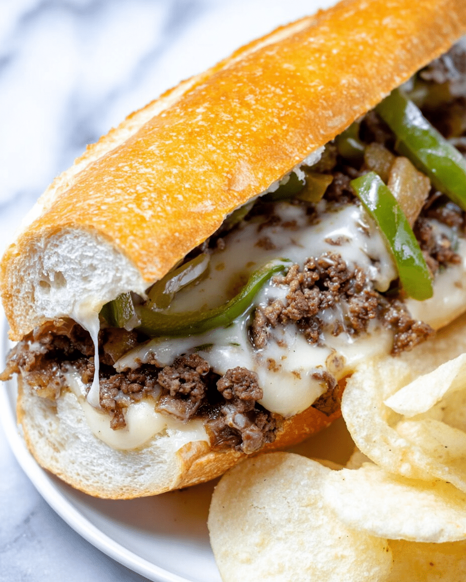 A close-up of a sandwich cut in half, showing three main layers inside a golden-brown crusty roll; the bottom layer is a melted white cheese slice, followed by a layer of crumbled brown cooked ground beef mixed with sautéed green bell pepper slices and lightly browned onions, topped with more melted white cheese stretching slightly, all inside the soft inner sandwich bread with a slightly rough texture. The sandwich is placed on a white plate with light beige potato chips on the side, against a white marbled background. photo taken with an iphone --ar 4:5 --v 7
