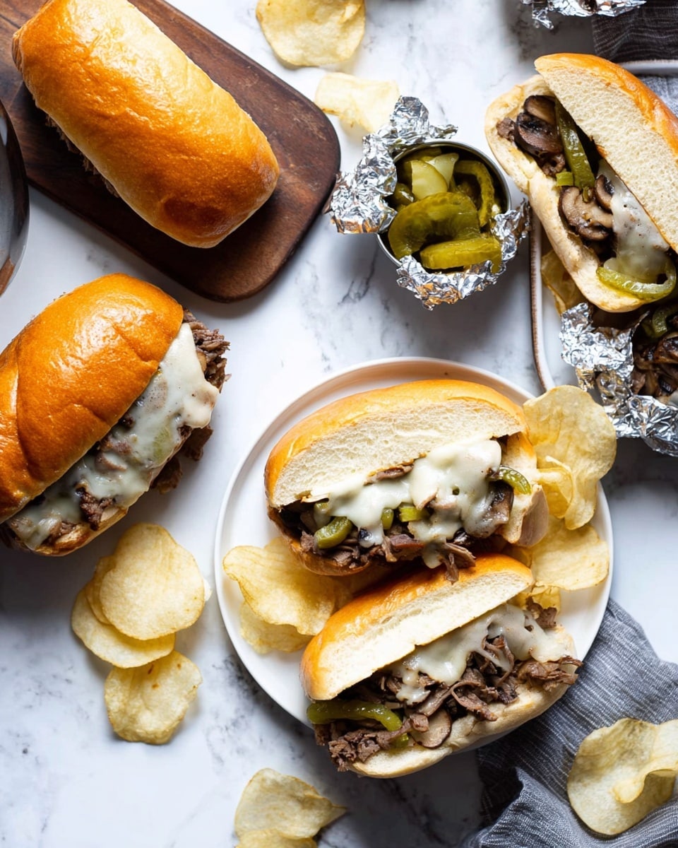 The image shows four sandwiches and a few piles of potato chips on a white marbled surface. Two sandwiches are whole with golden toasted buns, one placed on a wooden board beside a small cup of pickles and the other partly wrapped in foil. Two sandwiches are cut in half on a white plate with potato chips on the side. Each sandwich has three main layers inside: at the bottom, thin slices of cooked beef in a brown color; in the middle, cooked green bell peppers and mushrooms with a slightly charred look; and at the top, melted white cheese dripping slightly over the meat and vegetables. The buns are shiny and smooth on top with a soft and fluffy inside. photo taken with an iphone --ar 4:5 --v 7