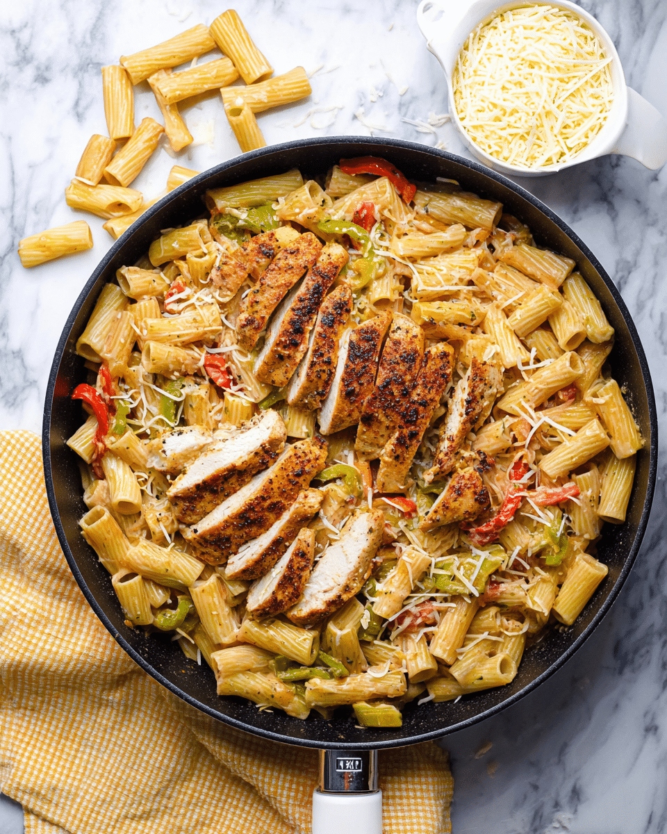 A bowl of rigatoni pasta mixed with a creamy sauce and sliced red and green bell peppers forms the base layer, with the pasta appearing light orange and slightly glossy while the peppers add red and green color contrast. On top sits a sliced grilled chicken breast with a golden-brown, slightly charred outer layer and white cooked inside, sprinkled lightly with shredded cheese that is pale yellow. A silver fork rests inside the bowl on the right side. The bowl is white, placed on a white marbled surface with a white and yellow checkered cloth partially visible in the background. photo taken with an iphone --ar 4:5 --v 7