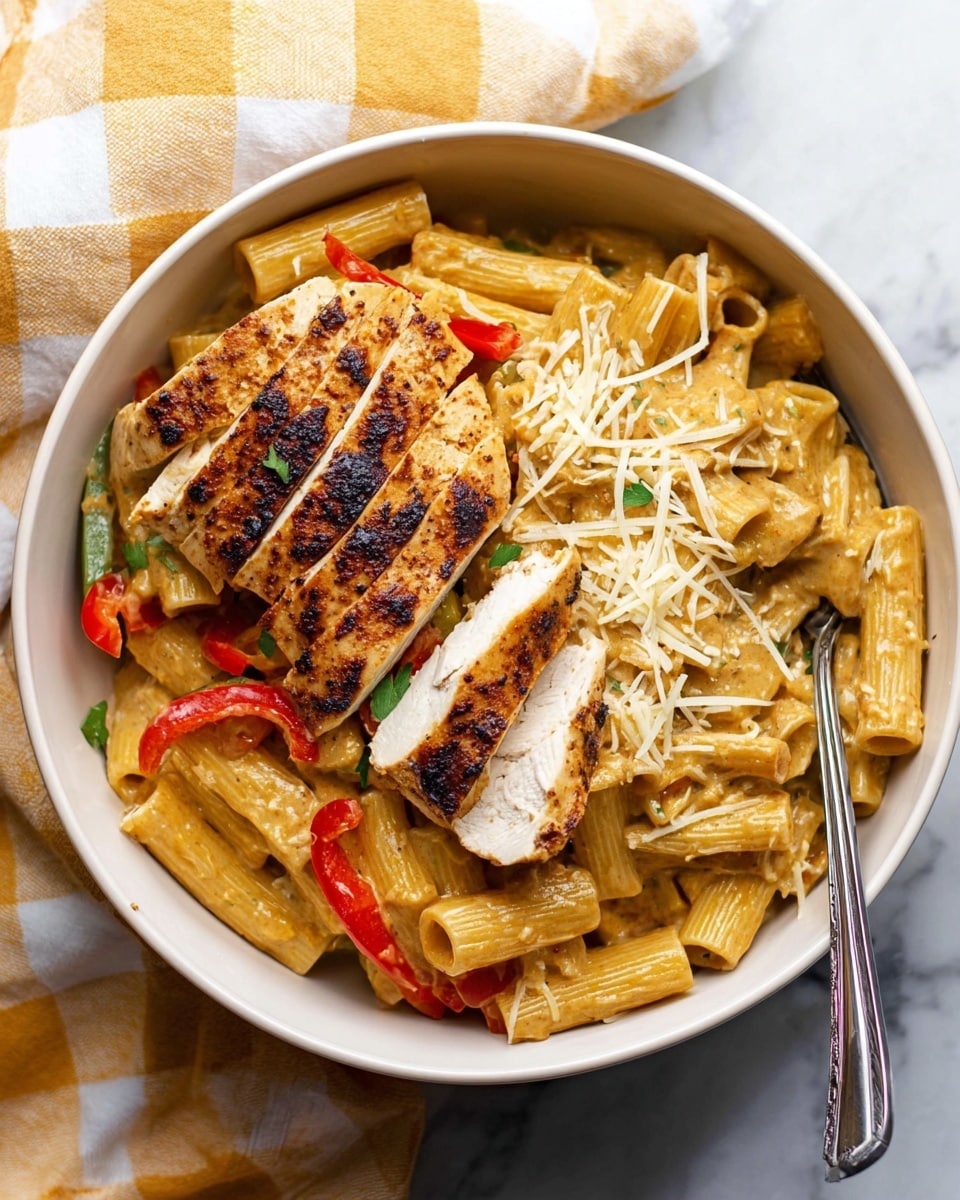 A black pan filled with rigatoni pasta mixed with creamy sauce and strips of cooked red, yellow, and green bell peppers. On top, there are four thick slices of grilled chicken breast with a golden-brown, slightly crispy crust showing white, tender inside. Shredded cheese is sprinkled evenly over the pasta, adding a fine texture. The pan is placed on a white marbled surface with a yellow and white checkered cloth under the pan's handle. Next to the pan is a small white measuring cup filled with shredded cheese, some cheese pieces scattered nearby. Photo taken with an iphone --ar 4:5 --v 7