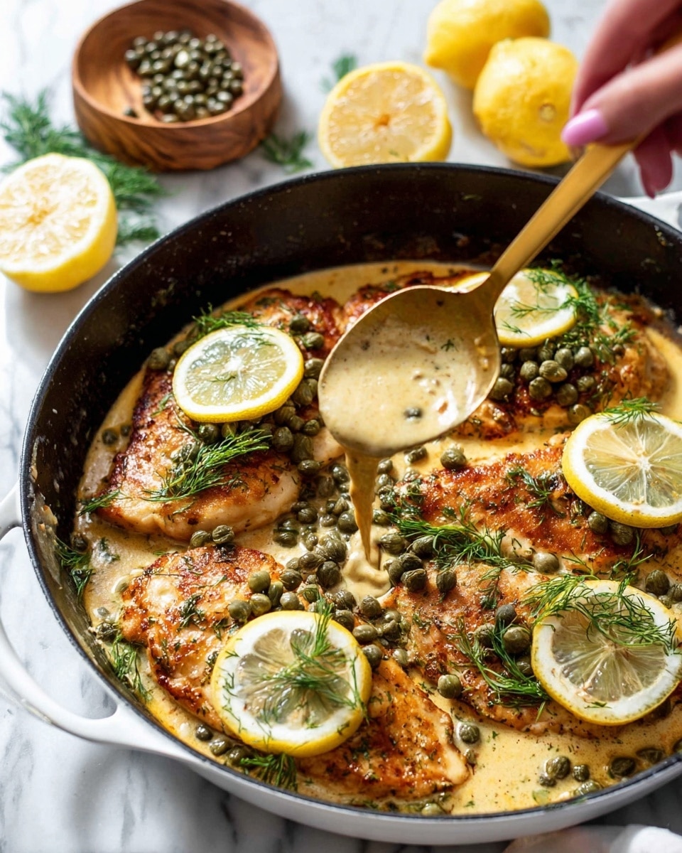 A white plate with a large, golden-brown grilled chicken breast placed on top of a creamy white mound of mashed potatoes. The chicken is covered with a thick, light brown sauce dotted with dark green capers and small pieces of onions. Fresh green dill sprigs are scattered around the plate and on top of the chicken. A thin slice of lemon is tucked on the side of the chicken. A gold fork lies on the left side of the plate. The plate is set on a white marbled surface. Photo taken with an iphone --ar 4:5 --v 7