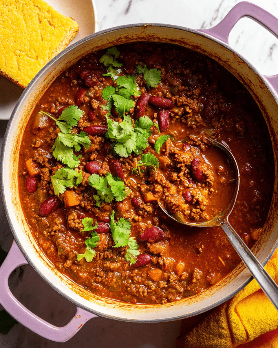 A deep white pot with light purple handles holds a rich, thick chili stew made of dark brown ground meat, bright red kidney beans, small orange chunks of vegetables, and a textured reddish-brown sauce. On top, fresh green cilantro leaves are scattered, adding a pop of bright color. A silver ladle dips into the chili on the right side, showing a scoop of the chunky mixture. The pot is placed on a white marbled surface with a glimpse of yellow cloth nearby and a square piece of yellow cornbread behind the pot. Photo taken with an iphone --ar 4:5 --v 7