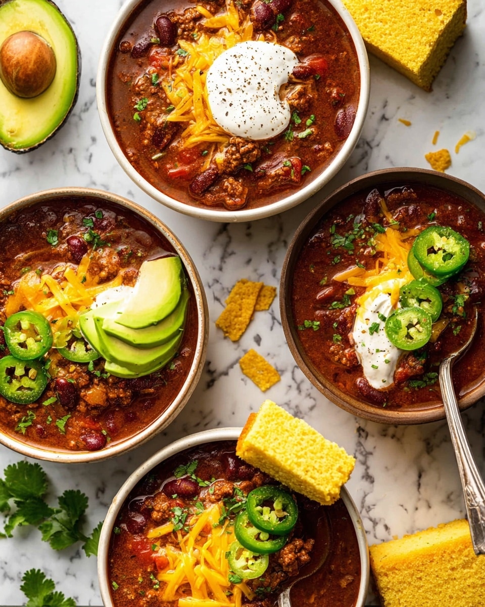 Three bowls of chili sit on a white marbled surface with scattered tortilla chips, chopped cilantro, and two pieces of yellow cornbread. Each bowl is filled with a rich, thick reddish-brown chili containing visible kidney beans, ground meat, and diced tomatoes. The top layer of each bowl has shredded orange cheddar cheese, a dollop of sour cream sprinkled with black pepper, and a few bright green slices of jalapeño. One bowl features a fanned slice of avocado on the side. A silver spoon dips into the bowl with the avocado. A halved avocado rests near the top left, showing its bright green inside and large seed. photo taken with an iphone --ar 4:5 --v 7