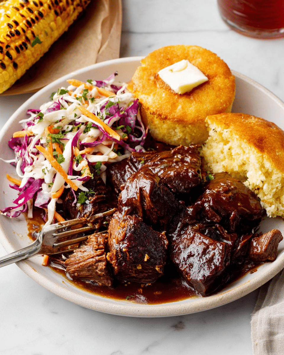 A white plate holds a serving of dark brown, tender beef pieces covered in a rich, glossy sauce with a slightly textured surface. On one side, there is a portion of bright purple and white cabbage coleslaw mixed with shredded orange carrots and green herbs, adding a fresh and colorful contrast. Next to the meat is a golden brown, fluffy cornbread piece with a small pat of melting butter on top, showing a soft texture inside. The plate rests on a white marbled surface with a fork placed on the side of the plate dipping into the meat. In the corner, a grilled ear of corn with charred marks and some white drizzle completes the scene. Photo taken with an iphone --ar 4:5 --v 7
