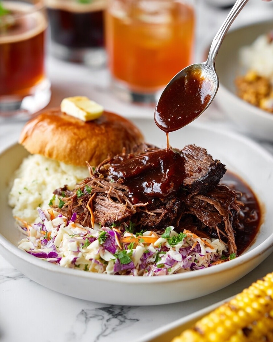 A white round plate holds a layered dish with shredded dark brown beef in the center, topped with glossy dark reddish-brown barbecue sauce being spooned from above. Beneath the beef is a bed of creamy white mashed potatoes and a colorful layer of shredded purple and white cabbage mixed with small bits of orange, garnished with green herbs. To the side is a golden brown hamburger bun with a small dab of butter melting on top. The plate sits on a white marbled surface with blurred glasses of orange and dark drinks in the background, and a grilled corn cob partially visible in the foreground. photo taken with an iphone --ar 4:5 --v 7