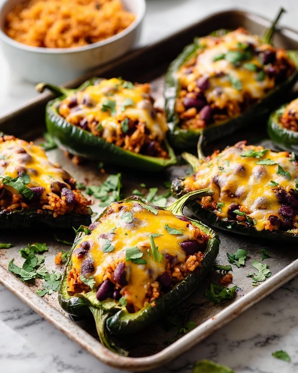 This image shows five dark green roasted peppers cut in half and filled with a layered mixture of orange rice, dark red beans, and melted yellow and white cheese on top. Each pepper is placed on a metal baking tray with some fresh green herbs sprinkled over the cheese, adding a touch of color. The edges of the filling and cheese slightly overlap the pepper shells, and the tray rests on a white marbled surface. In the background, a bowl of orange rice sits slightly out of focus. photo taken with an iphone --ar 4:5 --v 7