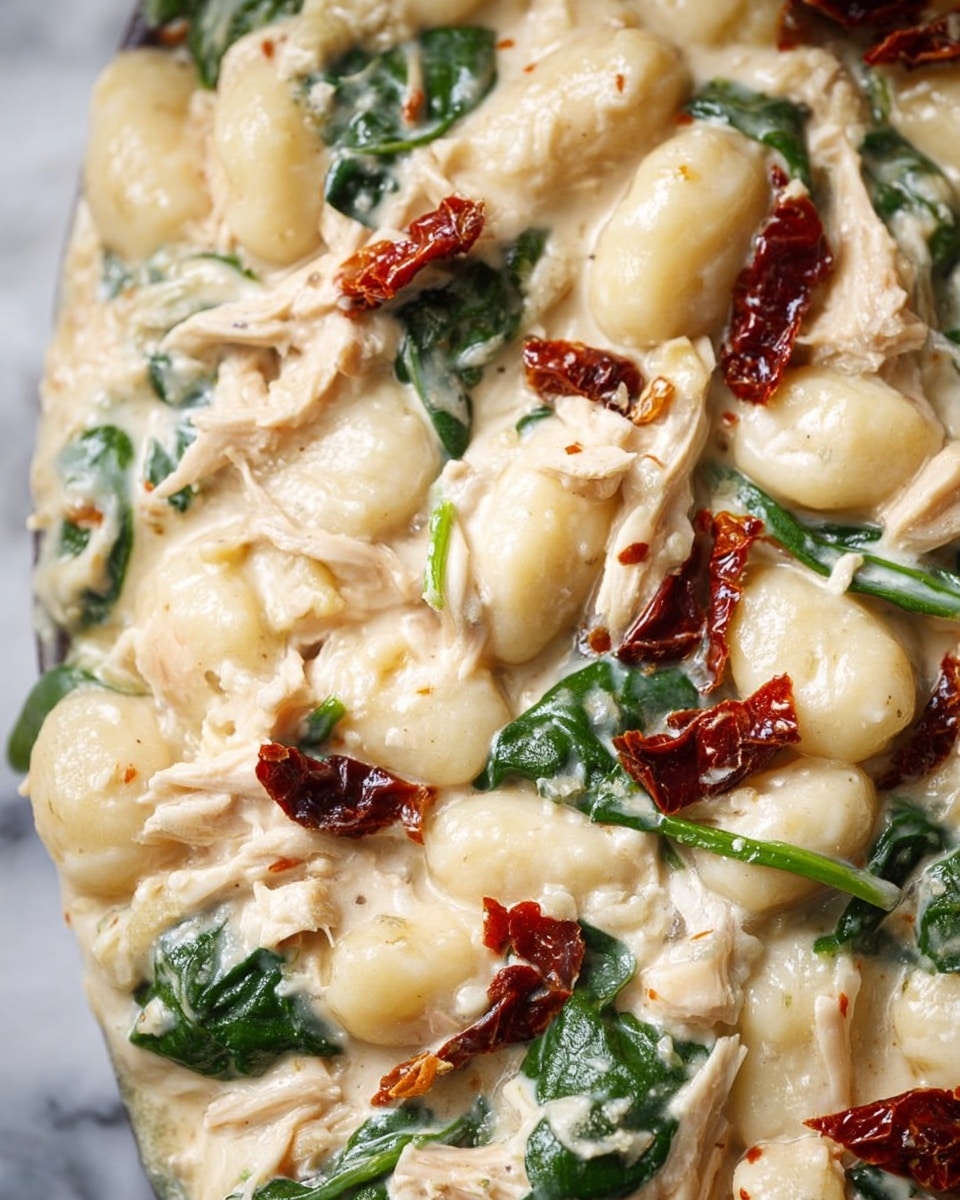 This close-up image shows a creamy pasta dish with three main layers visibly mixed together. The first layer consists of light beige, soft gnocchi that are smooth and slightly plump. Mixed throughout are bright green spinach leaves, adding a fresh and slightly wilted texture as the second layer. The third layer includes small pieces of shredded white chicken and bits of dark red sun-dried tomatoes scattered evenly, all coated in a thick, rich cream sauce that glistens and covers the ingredients. The dish is presented on a white marbled surface. photo taken with an iphone --ar 4:5 --v 7