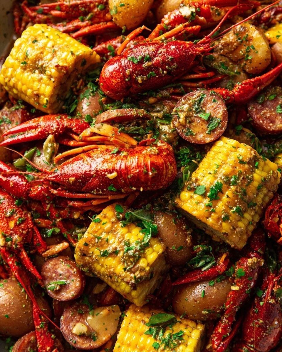 A close-up view of a seafood boil featuring bright red crayfish layered throughout, mixed with golden yellow corn on the cob pieces and light brown potatoes. The dish is covered with a chunky garlic butter sauce sprinkled with finely chopped green herbs, creating a rich texture that coats each item. The layered elements overlap with smoky brown sausage slices tucked among the crayfish and vegetables, while the colors contrast warmly against a white marbled background. photo taken with an iphone --ar 4:5 --v 7