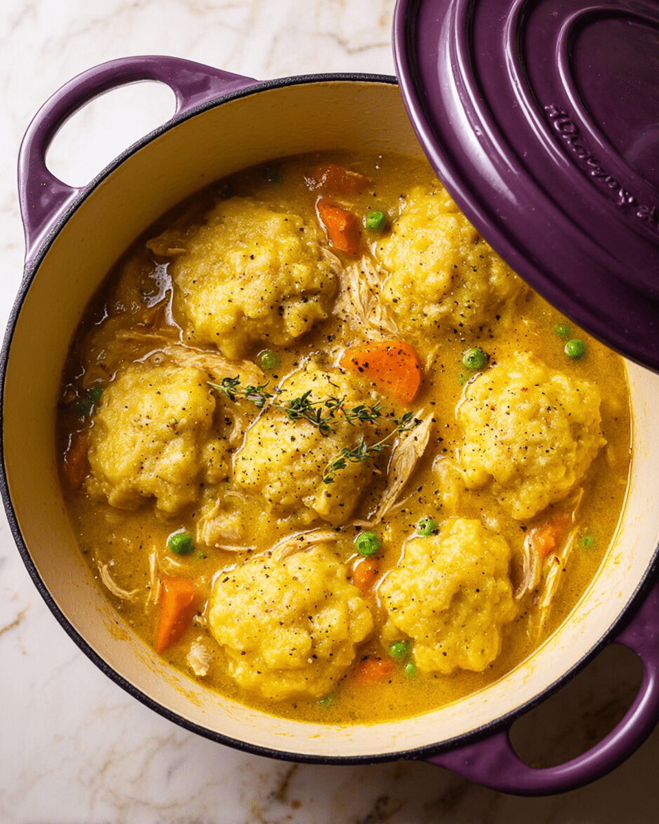 A white round cast iron pot with a purple lid placed slightly open on a white marbled surface, filled with a rich golden-yellow stew. The stew has seven thick, slightly rough textured dumplings floating on the surface, surrounded by shredded pieces of light brown chicken, bright orange carrot slices, and a few green peas scattered evenly. Small sprigs of fresh green thyme rest on top, and a light sprinkling of black pepper is visible over the whole dish, giving it a warm, hearty look. Photo taken with an iphone --ar 4:5 --v 7