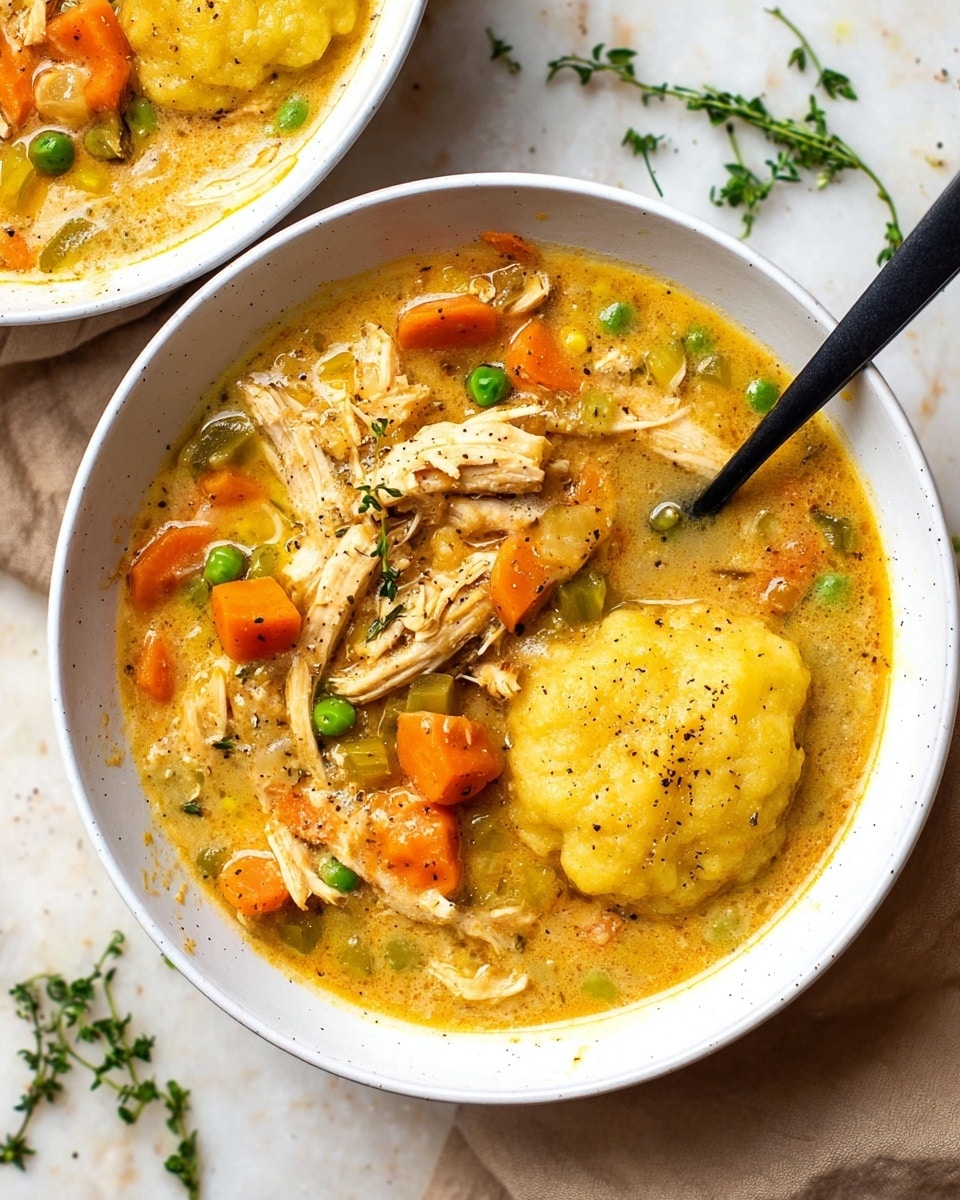 A white bowl filled with creamy chicken stew, showing visible layers of shredded chicken pieces that are light beige, orange carrot chunks, small green peas, and celery slices, all mixed in a thick golden-yellow broth speckled lightly with black pepper. On the right side of the bowl, there is one golden-yellow dumpling with a slightly rough texture sitting partly submerged in the stew. A black spoon rests inside the bowl, angled towards the upper right. The bowl sits on a white marbled surface with some green herb sprigs around it. Another similar bowl is partially visible at the top left edge of the image. photo taken with an iphone --ar 4:5 --v 7
