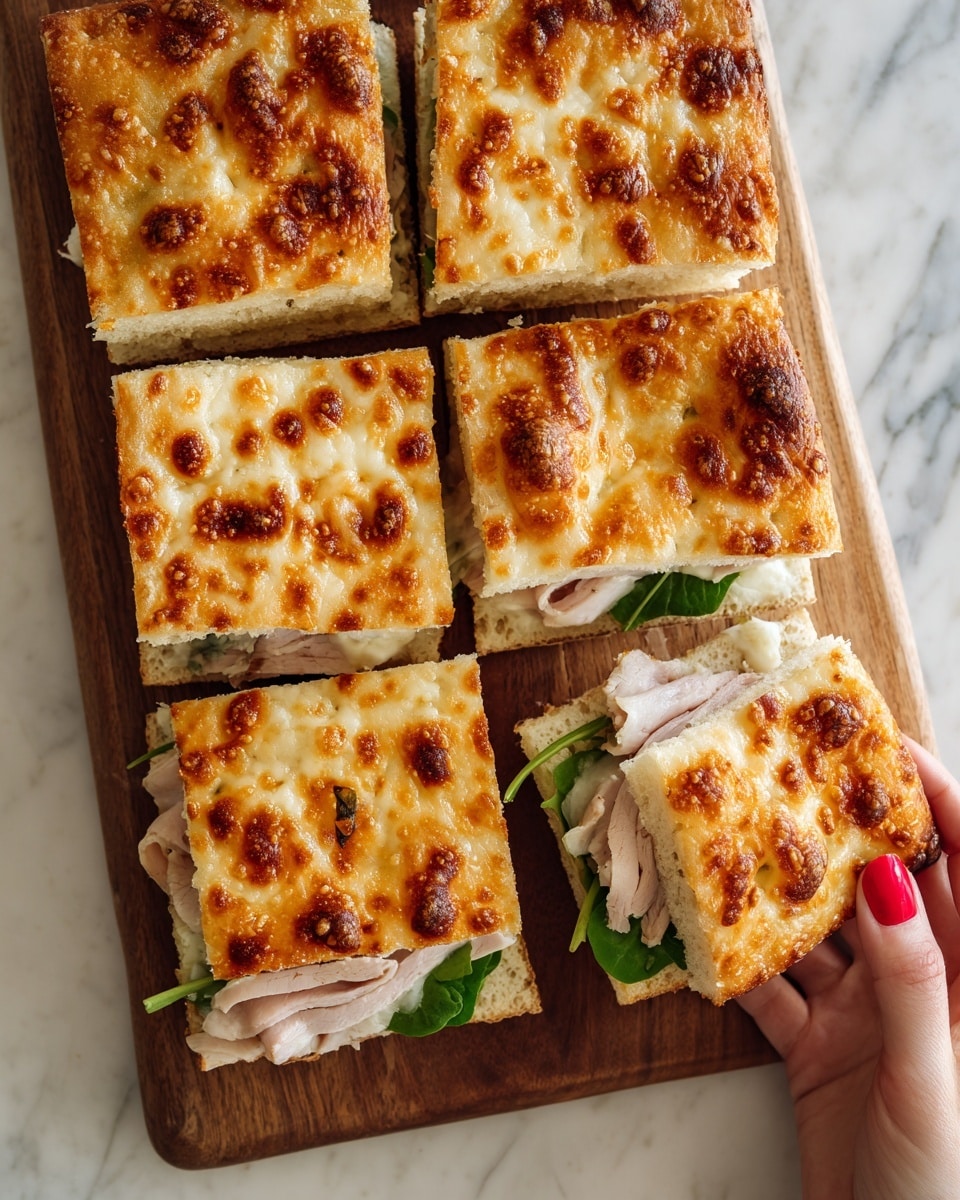 The image shows a sandwich cut into six square pieces on a wooden board placed on a white marbled surface. The sandwich has three visible layers: the top and bottom layers are light golden-brown focaccia bread with a slightly rough texture and some baked cheesy spots that are a deeper orange-brown. The middle layer includes thin slices of turkey or chicken meat, light tan in color, along with some fresh green leafy vegetables. A woman's hand with bright red nail polish is holding one piece of the sandwich near the bottom right corner of the image. Photo taken with an iphone --ar 4:5 --v 7