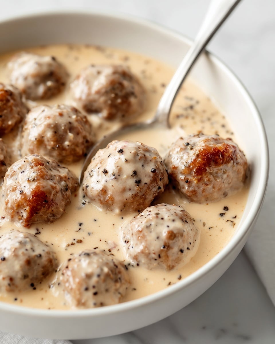 The image shows a close-up of many browned meatballs covered in a thick, creamy beige sauce with specks of black pepper. The meatballs are arranged close together in a white pot with a red handle that has a smooth, round edge. The creamy sauce is rich and smooth, enveloping each meatball evenly, with some sauce pooling between them. The whole scene is set on a white marbled surface that adds a clean, bright background to the rich colors of the dish. photo taken with an iphone --ar 4:5 --v 7
