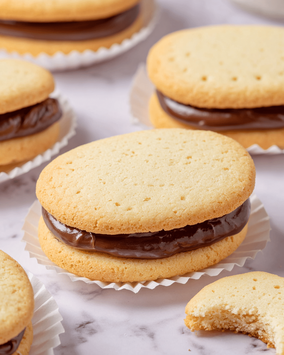 The image shows a close-up of two layered cookies placed on a white pleated paper liner over a white marbled surface. Each cookie has two light golden-brown, soft-looking biscuit layers with a smooth, shiny chocolate filling in between. The top and bottom biscuit layers are slightly rounded with tiny holes and a soft texture visible. In the background, other similar cookies rest on white paper liners, one partially bitten to show the chocolate inside. The overall look is neat and inviting. photo taken with an iphone --ar 4:5 --v 7