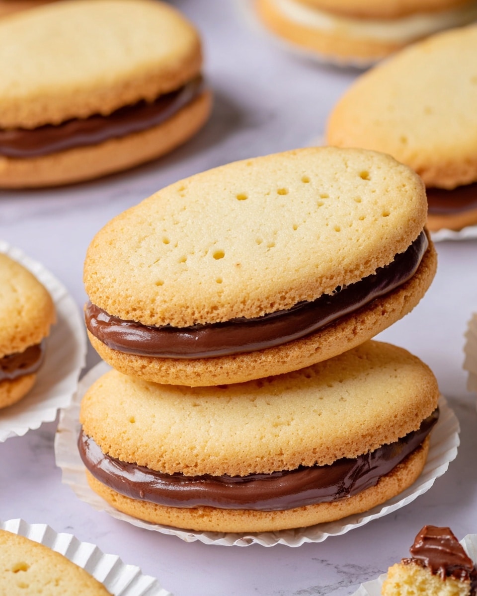 The image shows a close-up of a pair of oval-shaped light golden cookies with a smooth texture, sandwiched together with a thick layer of glossy dark brown chocolate spread in the middle. The cookies have a slightly rough edge and small holes on the surface. The stack sits on a white paper cup on a white marbled surface, and around the main cookie pair, there are several other similar cookies partially shown, some whole and some with bites taken, each also resting on their own white paper cups. photo taken with an iphone --ar 4:5 --v 7