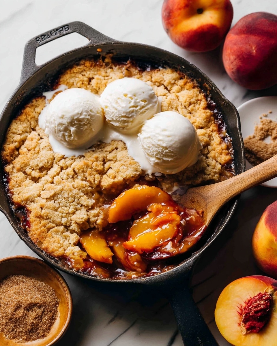 A dark pan holds a peach cobbler with three layers visible: the bottom layer is a rich, syrupy peach filling in yellow and orange shades with soft cooked peach slices, the middle layer is a golden-brown crumbly biscuit crust with a textured, slightly cracked surface, and the top layer consists of three smooth, round scoops of melting white ice cream placed on one side. A wooden spoon scoops a portion, showing the gooey peach filling and biscuit layers inside the pan. The pan is set on a white marbled surface with fresh peaches and a small bowl of brown sugar nearby. Photo taken with an iphone --ar 4:5 --v 7