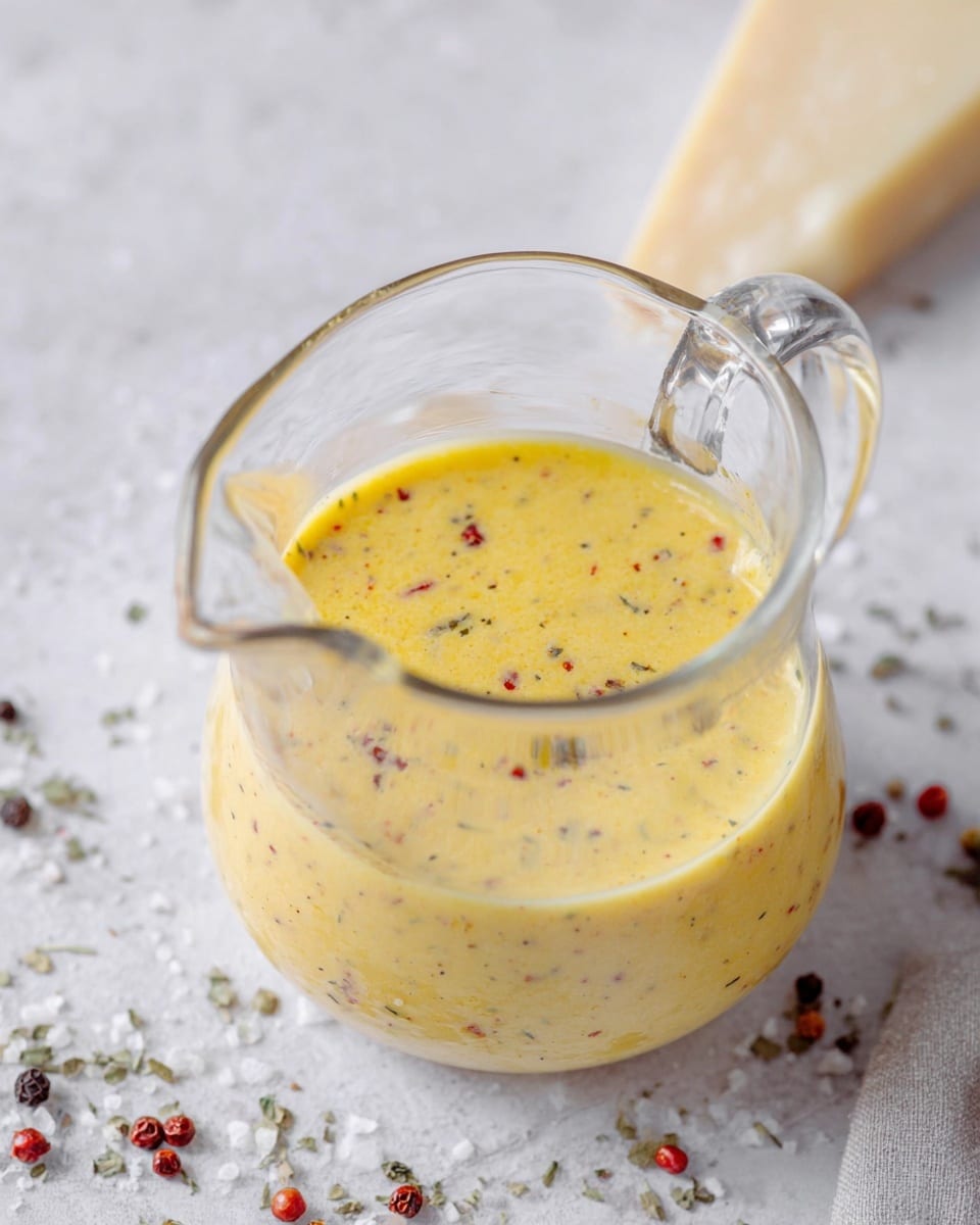 A clear glass jug filled with creamy yellow sauce speckled with black and red seasoning bits. The sauce has a smooth but slightly textured surface, showing small herbs and spices evenly distributed. The jug sits on a white marbled surface scattered with peppercorns and a small block of hard cheese is visible in the background. The light softly reflects off the glass jug's curved handle and rim, giving it a fresh and clean look. Photo taken with an iphone --ar 4:5 --v 7