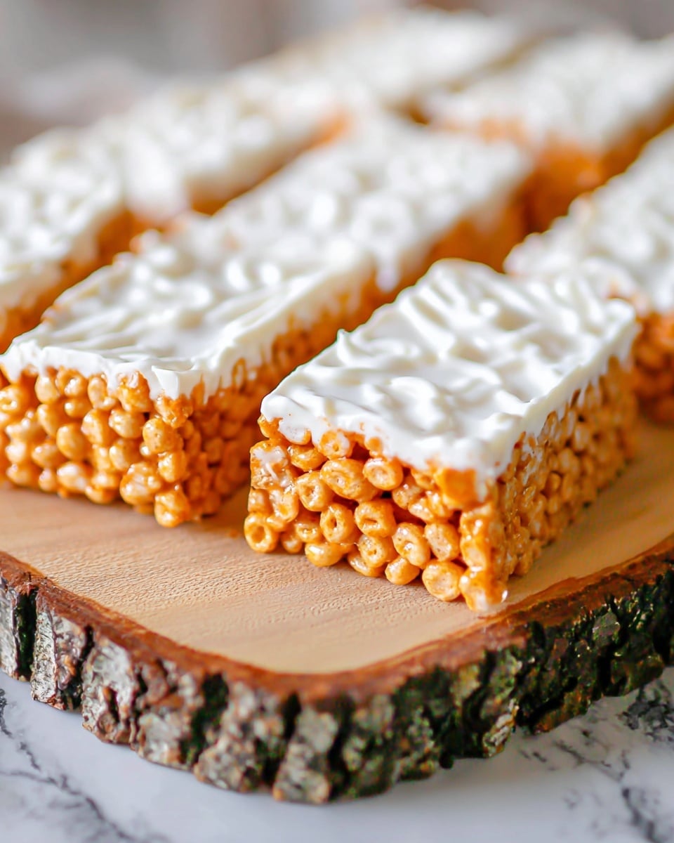 The image shows several rectangular bars made of small, round, crispy orange cereal pieces tightly packed together as the bottom layer. On top of this, there is a thick layer of white icing that is spread unevenly with visible texture and wavy patterns. The bars are cut into neat rectangles and placed closely side by side on a wooden slab with visible bark edges. The background has a white marbled texture. photo taken with an iphone --ar 4:5 --v 7