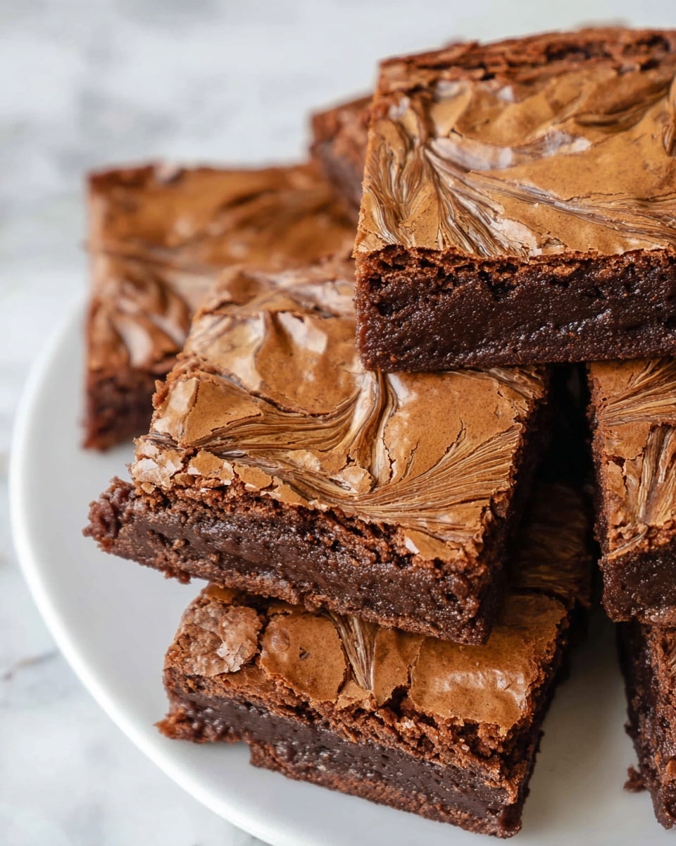 A close-up view of several square brownies stacked and overlapping on a white plate, each piece showing a thin, cracked top layer with a light to medium brown swirl pattern creating a textured look, while the thicker bottom layer appears darker and denser, indicating richness and moistness inside, all set against a white marbled surface. photo taken with an iphone --ar 4:5 --v 7