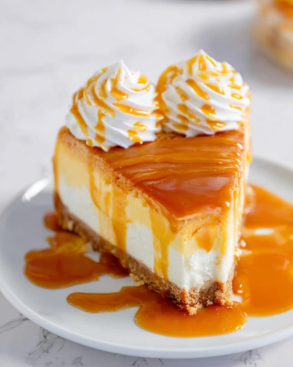 A slice of cheesecake on a white plate shows three main layers: a light brown crumbly crust at the bottom, a thick creamy yellow cheesecake middle, and a smooth caramel-colored top layer. On top of the caramel layer are two swirls of white whipped cream, each drizzled with shiny caramel sauce. Extra caramel sauce pools thickly around the base of the slice and on the plate, creating a glossy look. The scene is set on a white marbled texture background. Photo taken with an iphone --ar 4:5 --v 7