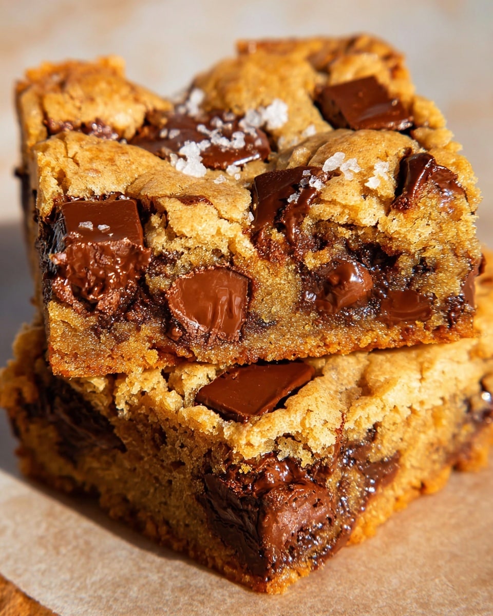 The image shows two thick cookie bars stacked on top of each other on light brown parchment paper over a white marbled surface, with the top bar having a bite taken out of it. Each cookie bar has a golden-brown textured outside with large chunks of melted light and dark chocolate embedded inside and on top, creating rich pockets of gooey chocolate. Some coarse sea salt crystals are scattered on the surface of the cookie, adding a slight sparkle and texture contrast. The cookie dough looks soft and slightly crumbly, with chocolate melting into the cracks and crevices throughout. Photo taken with an iphone --ar 4:5 --v 7