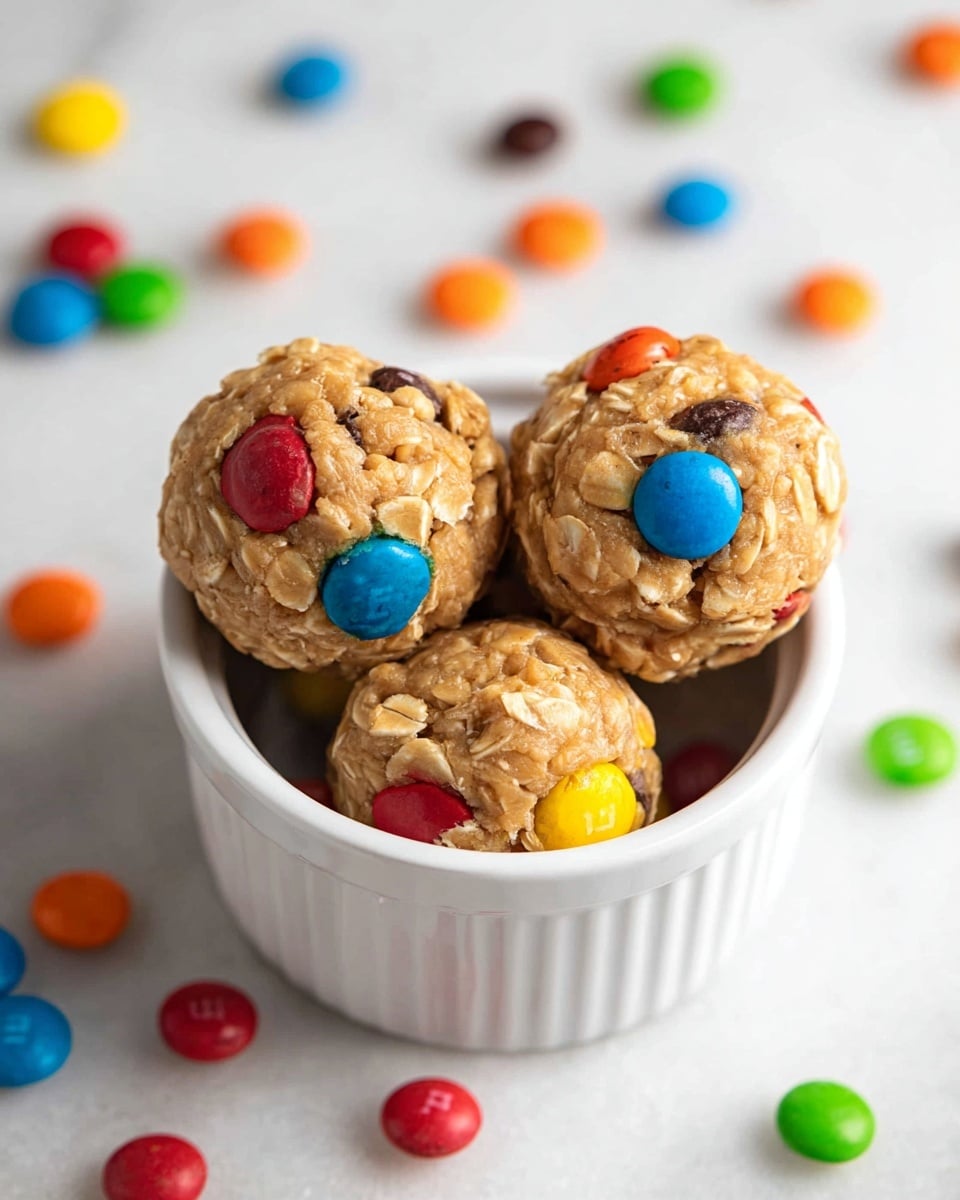 A white bowl filled with round energy balls, each ball light brown in color with visible colorful candy pieces scattered throughout in blue, red, orange, yellow, green, and brown. The balls have a smooth but slightly textured surface, showing bits of oats inside. The bowl is lined with white parchment paper and placed on a round wooden board against a white marbled background. In the background, more energy balls fill another white bowl, and colorful candy pieces are scattered on the white marbled surface with a blurred jar of candy visible. Photo taken with an iphone --ar 4:5 --v 7