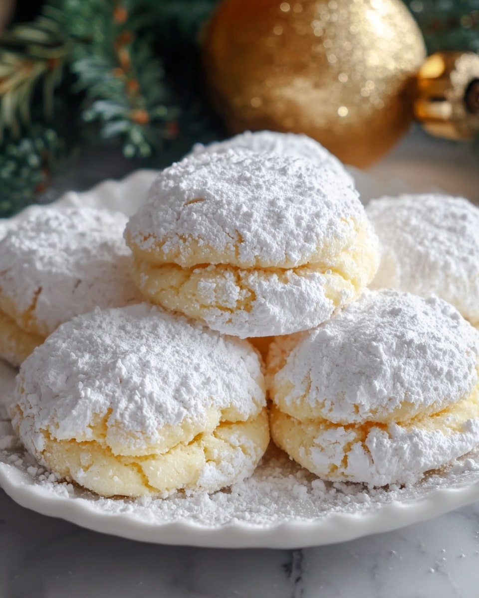 The image shows a close-up of several round cookies piled on a white plate with a soft, slightly bumpy texture. Each cookie has two pale yellow layers with a visible crack in the middle, covered with a thick layer of white powdered sugar that dusts their entire surface. The background has blurry green pine needles and a shiny golden ornament, suggesting a festive setting. The plate rests on a white marbled surface. photo taken with an iphone --ar 4:5 --v 7