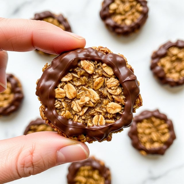 A close-up view of a small, round cookie held between a woman's hand thumb and forefinger, made mainly of oats coated in a thick, glossy dark brown chocolate layer, giving it a rough and chunky texture. The cookie shows many oat flakes tightly packed, with the chocolate shining on top. In the soft-focus background, several similar cookies are scattered on a white marbled surface. Photo taken with an iphone --ar 4:5 --v 7