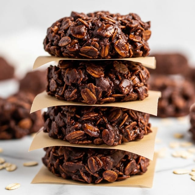 The image shows a close-up of a stack of four thick, round chocolate oat clusters, each separated by a piece of light brown parchment paper. Each cluster is dense and textured, with visible oats coated in glossy, rich dark brown chocolate. The clusters look sticky and chewy, with uneven edges and a rough surface. The stack is placed on a white marbled surface with some scattered oats and blurred additional clusters in the background. The photo captures the clusters sharply with a soft focus behind them. photo taken with an iphone --ar 4:5 --v 7