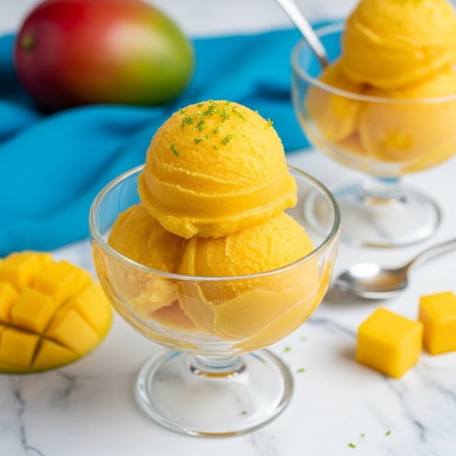 A clear glass dessert cup holds one large scoop of bright yellow mango sorbet with a smooth, slightly grainy texture. The sorbet is sprinkled with finely grated green zest on top. The cup is placed on a white marbled surface with a blurred mango fruit in the background and a bright blue cloth nearby. Another glass cup filled with mango sorbet and a spoon is partially visible behind the main cup, along with two small mango chunks placed on the surface. photo taken with an iphone --ar 4:5 --v 7