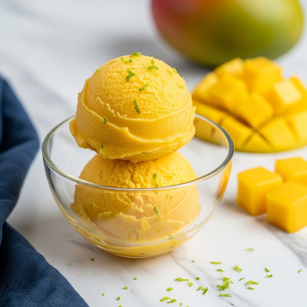 A clear glass bowl holds two scoops of bright yellow mango sorbet stacked on top of each other; the sorbet has a smooth, slightly grainy texture and is sprinkled with small green lime zest bits on top. The bowl sits on a white marbled surface with some lime zest scattered around. To the side, there are two small cubes of fresh yellow mango and a blurred whole mango fruit in the background. A dark blue cloth is partly visible at the bottom left corner. Photo taken with an iphone --ar 4:5 --v 7