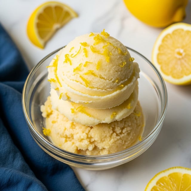The image shows a clear glass bowl filled with two layers of pale yellow lemon sorbet, with the top layer shaped like a smooth scoop covered in small pieces of lemon zest that add bright yellow specks. The bottom layer appears slightly grainy and uneven in texture. The bowl sits on a white marbled surface with a few lemon wedges and slices nearby, adding pops of bright yellow color. A dark blue cloth is partially visible at the bottom left corner, providing contrast to the light and fresh color scheme. Photo taken with an iphone --ar 4:5 --v 7