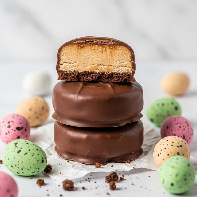 A close-up view of a three-layer stack of round chocolate-covered treats resting on crumpled white paper with cookie crumbs scattered around. The top layer is cut in half, showing a thick, creamy light brown filling inside a smooth, dark brown chocolate shell. Surrounding the stack are colorful speckled eggs in pastel shades of pink, yellow, green, and beige, placed on a white marbled texture surface that blends into a soft, blurred background. The chocolate coating is glossy with slight imperfections and texture variations. photo taken with an iphone --ar 4:5 --v 7