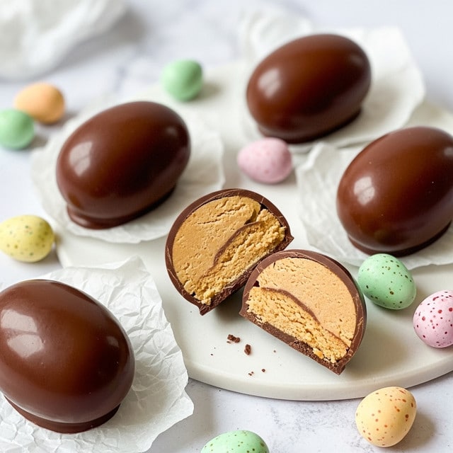 The image shows several egg-shaped treats coated in smooth, shiny dark chocolate laid on a white marbled textured surface with crumpled white paper beneath. One of the chocolate eggs is cut in half to reveal two layers inside: a solid outer dark brown chocolate layer that is thick and smooth, and a dense, golden beige center with a slightly crumbly texture. Around the chocolate eggs, there are pastel-colored speckled candy eggs in pale green, light pink, pale yellow, and soft orange, adding soft color contrast. The overall scene is clean, with chocolate crumbs scattered lightly on the white background. photo taken with an iphone --ar 4:5 --v 7