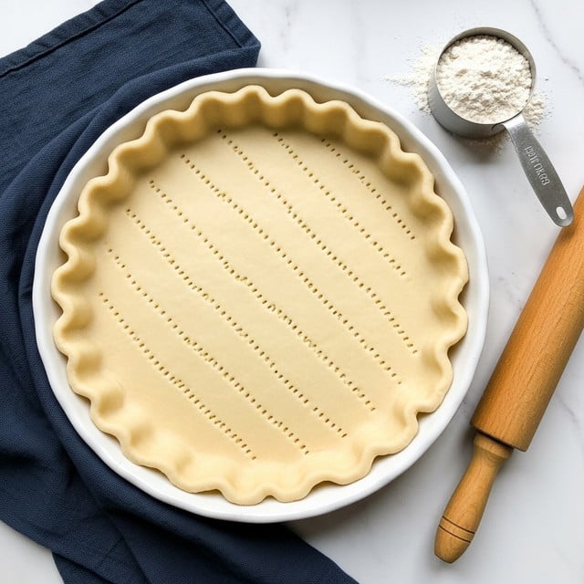 A white pie dish holds an unbaked pie crust with a fluted edge that forms a wavy pattern around the dish. The pale cream crust surface is evenly pierced with small holes arranged in zigzag lines. The dish rests on a white marbled surface, accompanied by a dark blue cloth partially underneath it. To the right, a metal measuring cup filled with flour and a wooden rolling pin with a light brown handle are visible. photo taken with an iphone --ar 4:5 --v 7