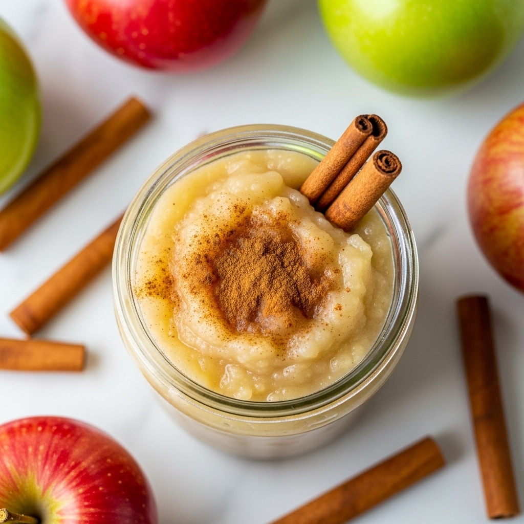 A clear glass jar is filled with a thick, creamy pale beige applesauce that has a slightly chunky texture. On top, a light dusting of brown cinnamon powder is visible, and two cinnamon sticks are placed upright inside the jar, poking out at an angle. Around the jar, there are red and green whole apples and several cinnamon sticks scattered on a white marbled surface, adding color and context to the scene. The focus is close-up from above, highlighting the texture and warmth of the applesauce. photo taken with an iphone --ar 4:5 --v 7