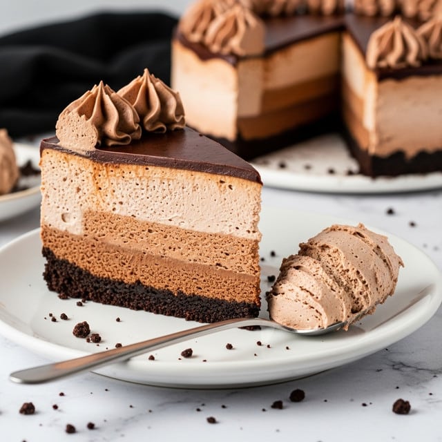 A slice of rich chocolate mousse cake with three visible layers sits on a white plate over a white marbled textured surface; the bottom layer is a dark chocolate crumb crust, the middle layer is a smooth light brown chocolate mousse with a fluffy texture, and the top layer is a firmer, slightly darker chocolate ganache. The cake slice is topped with two swirls of darker chocolate whipped frosting. Next to the cake on the plate is a silver spoon holding a large scoop of the light brown mousse, with some scattered chocolate crumbs around. In the blurred background, parts of the cake and a black cloth are visible. Photo taken with an iphone --ar 4:5 --v 7
