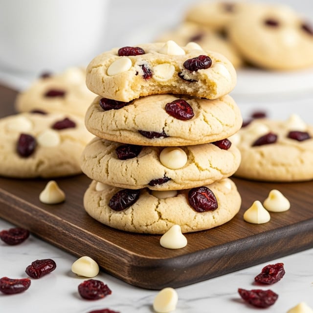 A stack of five soft, round cookies sits on a dark wooden board, each cookie a light golden color with a slightly cracked surface texture. The cookies are studded with white chocolate chips and small pieces of bright red dried cranberries scattered evenly throughout. The top cookie has a small bite taken from it, showing a soft, chewy inside with creamy white chips visible. Around the base of the stack and board are a few loose white chocolate chips and dried cranberry pieces on a white marbled surface. In the background, more cookies and a white cup are softly blurred. Photo taken with an iphone --ar 4:5 --v 7