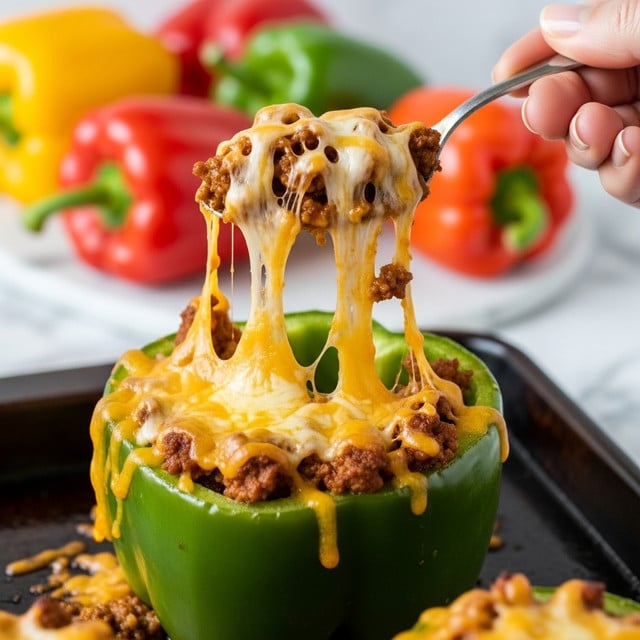 The image shows a green bell pepper hollowed out and filled with a mix of cooked ground meat and cheese. The cheese is melted and drips over the sides of the pepper, forming long stretchy strands as a woman's hand lifts a spoonful from the top. The inside of the pepper is packed with a brown and yellow cheesy mixture, and the surface it is on looks like a dark baking tray. In the background, there are blurred shapes of yellow and red bell peppers, with a white marbled texture underneath. photo taken with an iphone --ar 4:5 --v 7
