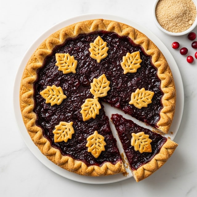 A round pie on a white plate with a golden brown, crimped crust edges, thick and crunchy. Inside, the filling is deep dark red with a slightly shiny, jam-like texture showing rich berries and juice. On top of the filling, there are small, golden baked pastry leaves scattered evenly, each leaf having small holes and textured patterns. One slice of the pie is cut and slightly pulled out, revealing the thick berry filling inside. The pie sits on a white marbled surface, with a small round white bowl holding light brown sugar next to it and a few red berries scattered nearby. photo taken with an iphone --ar 4:5 --v 7