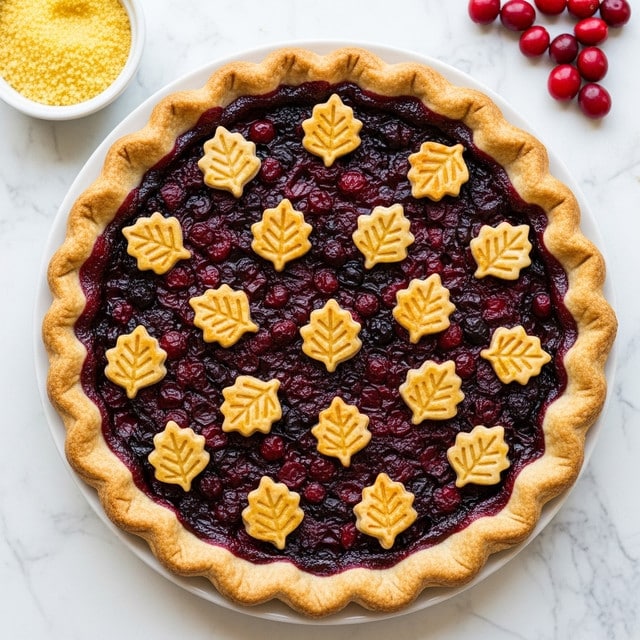 A deep golden brown pie crust with a thick, crimped edge holds a dark red and purple mixed berry filling that looks juicy and thick. On top of the filling, there are about 16 golden brown small pastry leaf shapes with detailed vein patterns scattered evenly, adding texture and decoration. The pie is on a white plate, set on a white marbled surface, with a small white bowl of yellow sugar to the upper left and a few red cranberries to the upper right, creating a cozy atmosphere. photo taken with an iphone --ar 4:5 --v 7