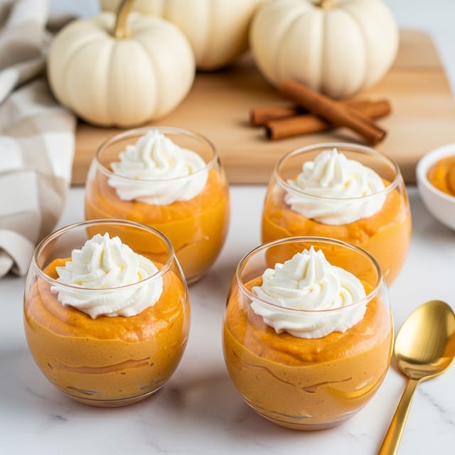 The image shows four small transparent round glasses filled with a thick, bright orange creamy dessert, each topped with a swirl of white whipped cream, placed on a white marbled surface. Behind the glasses, there are two white pumpkins and some cinnamon sticks lying on a light wooden board, adding a cozy, autumn feel to the scene. A hint of a cloth with a beige and white checkered pattern is visible on the left side, and a golden spoon rests on the right side of the image, all creating a warm and inviting setting. photo taken with an iphone --ar 4:5 --v 7