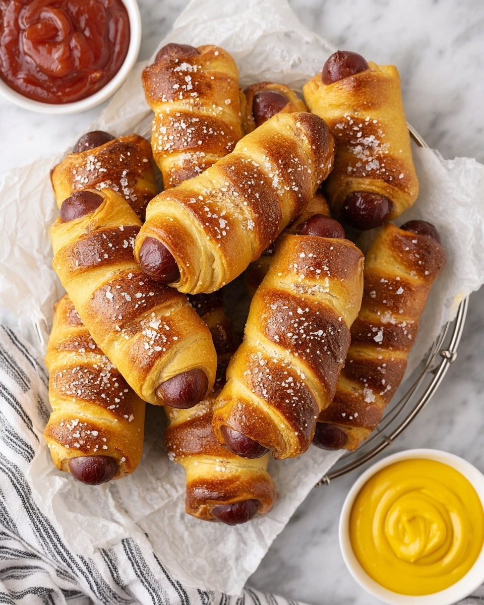 A pile of golden brown pigs in a blanket, each with a pretzel-like dough wrapped spirally around a dark brown sausage, topped with coarse salt crystals that sparkle slightly. The dough is shiny and has a soft, lightly toasted texture with some darker browned spots on the edges. The sausages peek out at both ends of each piece. The stack rests on crumpled white parchment paper on a white marbled surface, surrounded by two small white bowls of bright yellow mustard and dark red ketchup. A white and gray striped cloth is partly visible under the wire rack holding the food. photo taken with an iphone --ar 4:5 --v 7