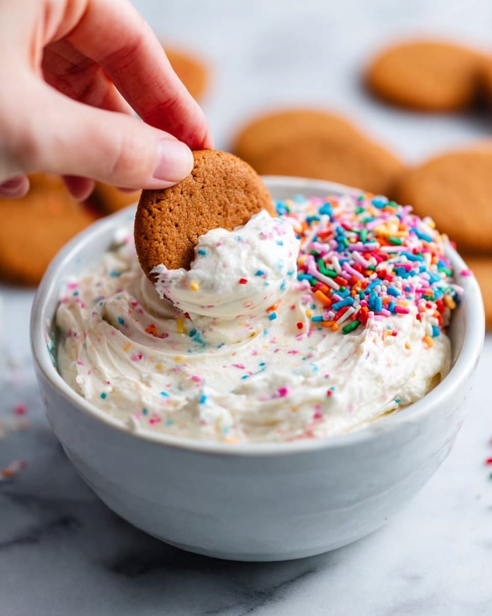 A white bowl filled with a thick layer of creamy white dip mixed with colorful sprinkles in red, green, blue, orange, and purple spread evenly throughout. On top, a single golden brown round cookie is placed off-center, and a small pile of the same sprinkles decorates one side of the bowl's surface. Around the bowl, more golden brown round cookies are scattered on a white marbled surface, with a wrinkled blue cloth partially visible beneath the bowl. The texture of the dip looks smooth but slightly fluffy. Photo taken with an iphone --ar 4:5 --v 7