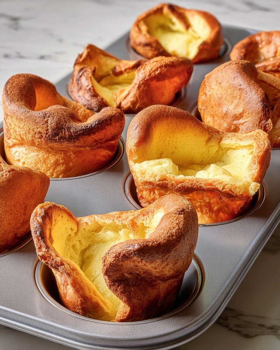 The image shows a muffin tray with eight golden brown Yorkshire puddings freshly baked with puffed, uneven tops. Each pudding has a crispy, darker brown outer edge that rises higher than the light yellow, soft, and airy center. The tops curve and fold in different shapes, with some leaning to one side, giving a rustic and fluffy look. The tray has a metallic gray color, and it sits on a white marbled surface. The texture of the puddings looks light and crisp on the outside with a hollow, soft inside. Photo taken with an iphone --ar 4:5 --v 7