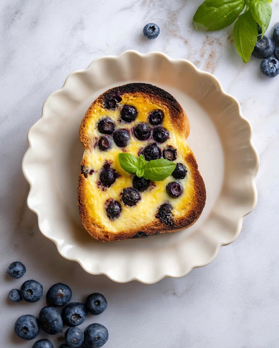 A single toasted slice of bread with a golden-yellow baked custard layer topped with whole cooked blueberries, some slightly burst, is placed in the center of a white scalloped plate. The bread crust is dark brown and crisp, framing the creamy custard that has a smooth texture with browned spots. At the top of the toast, there is a small green basil leaf garnish. Around the plate, fresh blueberries are scattered on a white marbled surface, adding a pop of deep blue color. photo taken with an iphone --ar 4:5 --v 7