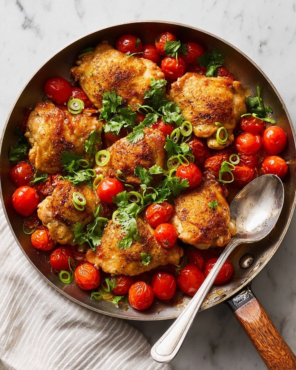 A black skillet filled with a layer of bright red roasted cherry tomatoes, some slightly burst, forming the base. On top, there are six golden-brown grilled chicken pieces with visible spices, arranged closely together. Scattered over the chicken and tomatoes are fresh green cilantro leaves and thin slices of green onions, adding a fresh color contrast. A silver spoon rests on the right side inside the skillet, which sits on a white marbled surface with a striped white cloth partially visible under the skillet's wooden handle. Photo taken with an iphone --ar 4:5 --v 7