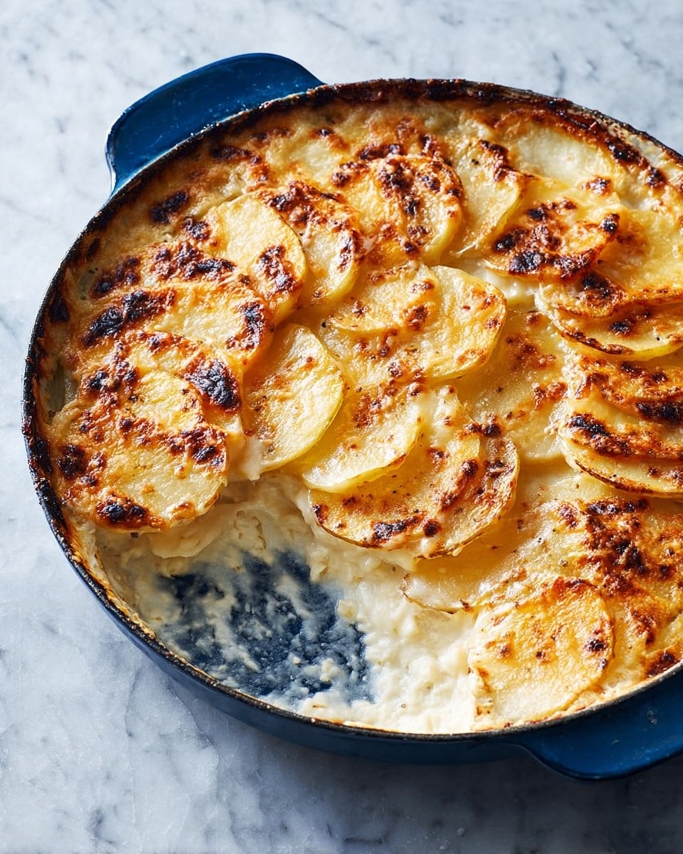 A round blue cast iron pan filled with a creamy potato gratin with one slice missing from the bottom right, showing soft white cooked potato layers in a rich sauce; the top layer consists of thin golden-brown potato slices arranged in overlapping rows, covered with melted cheese that is browned in spots, creating a textured, glossy surface. The pan is placed on a white marbled texture. photo taken with an iphone --ar 4:5 --v 7