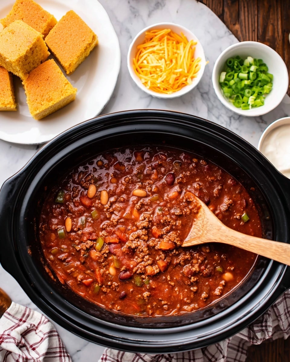 A large black slow cooker filled with thick, rich chili that has a deep red color mixed with visible bits of ground meat, white beans, and small chunks of vegetables like bell peppers and onions. A wooden spoon rests inside the chili, partially dipped and coated with the sauce. Around the slow cooker, there is a white plate on the left with golden-brown cornbread pieces stacked in a pile. On the right side, three small white bowls hold shredded cheddar cheese, chopped green onions, and sour cream. The scene is set on a white marbled textured surface with a checkered cloth partially under the slow cooker. Photo taken with an iphone --ar 4:5 --v 7