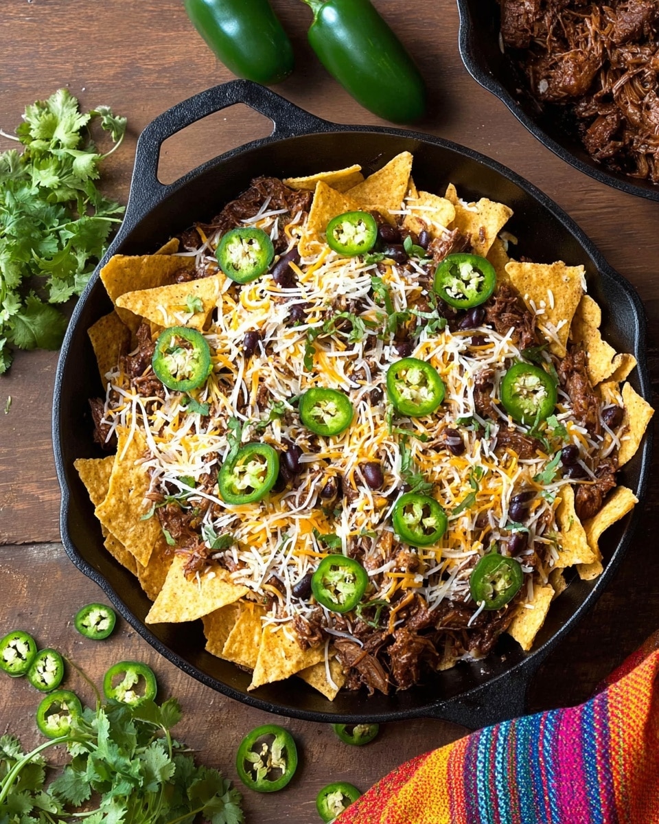 The image shows a black cast iron pan filled with one layer of yellow corn tortilla chips at the bottom, topped with a layer of dark brown cooked shredded beef mixed with some black beans, then covered with a layer of shredded cheese in white and light orange colors. Thin slices of fresh green jalapeños are evenly spread on top. The pan is placed on a brown wooden surface with two whole green jalapeños and several sliced jalapeños beside it, along with some fresh green cilantro leaves on the side. There is also another pan with more cooked beef in the top right corner. A colorful striped cloth is partially visible at the bottom right corner. photo taken with an iphone --ar 4:5 --v 7